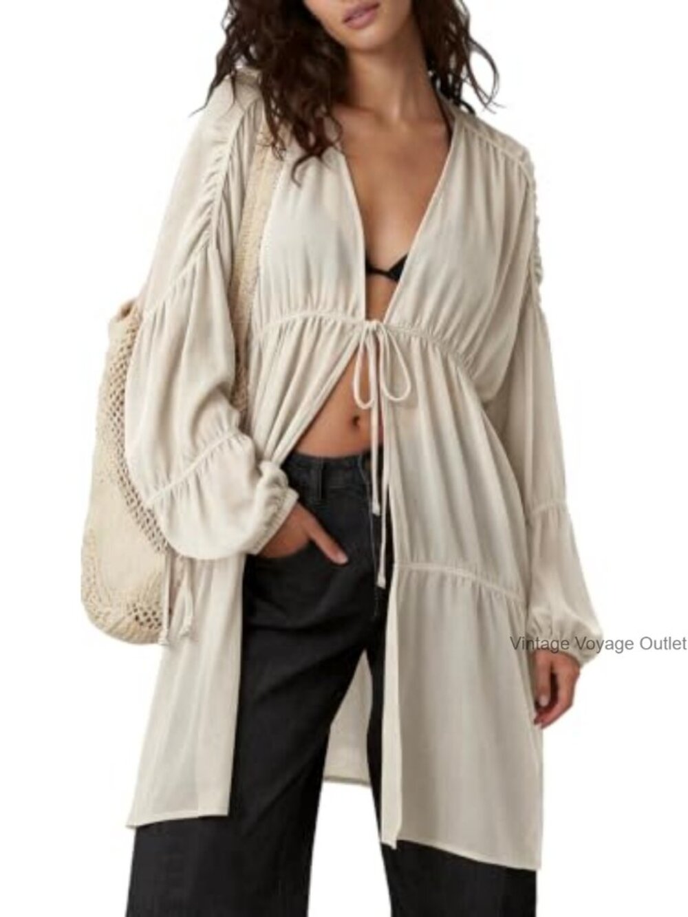 Womens Slouchy Linen Kimono Duster Tie Front Coverup with Pockets